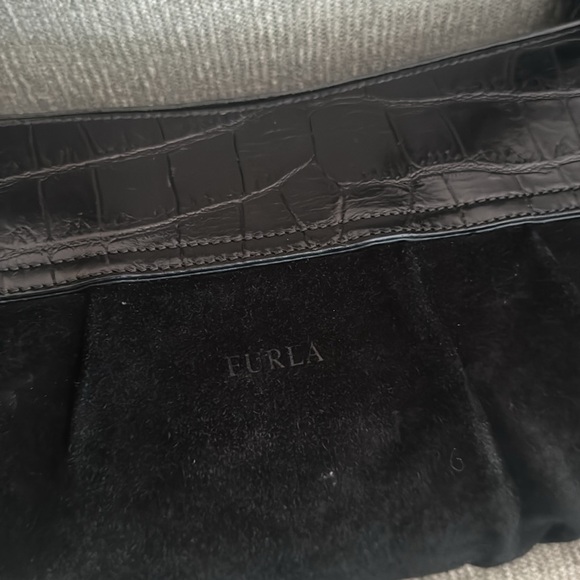 Vintage Furla Black Suede And Emboseed Crocodile Leather Shoulder Bag - Picture 4 of 14